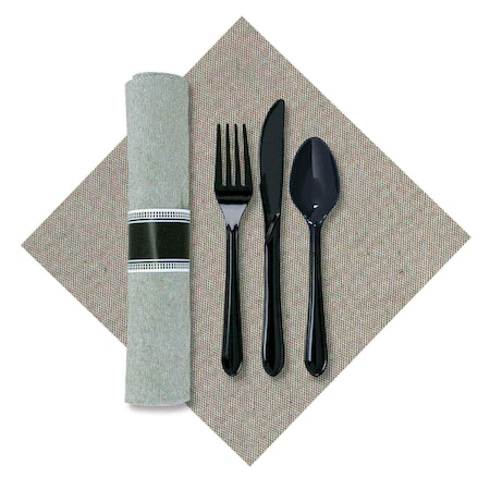 Hoffmaster 7.5" x 4.25" Linen-Like CaterWrap Onyx Gray Pre-Rolled Dinner Napkins with Black Cutlery PK 100 120017